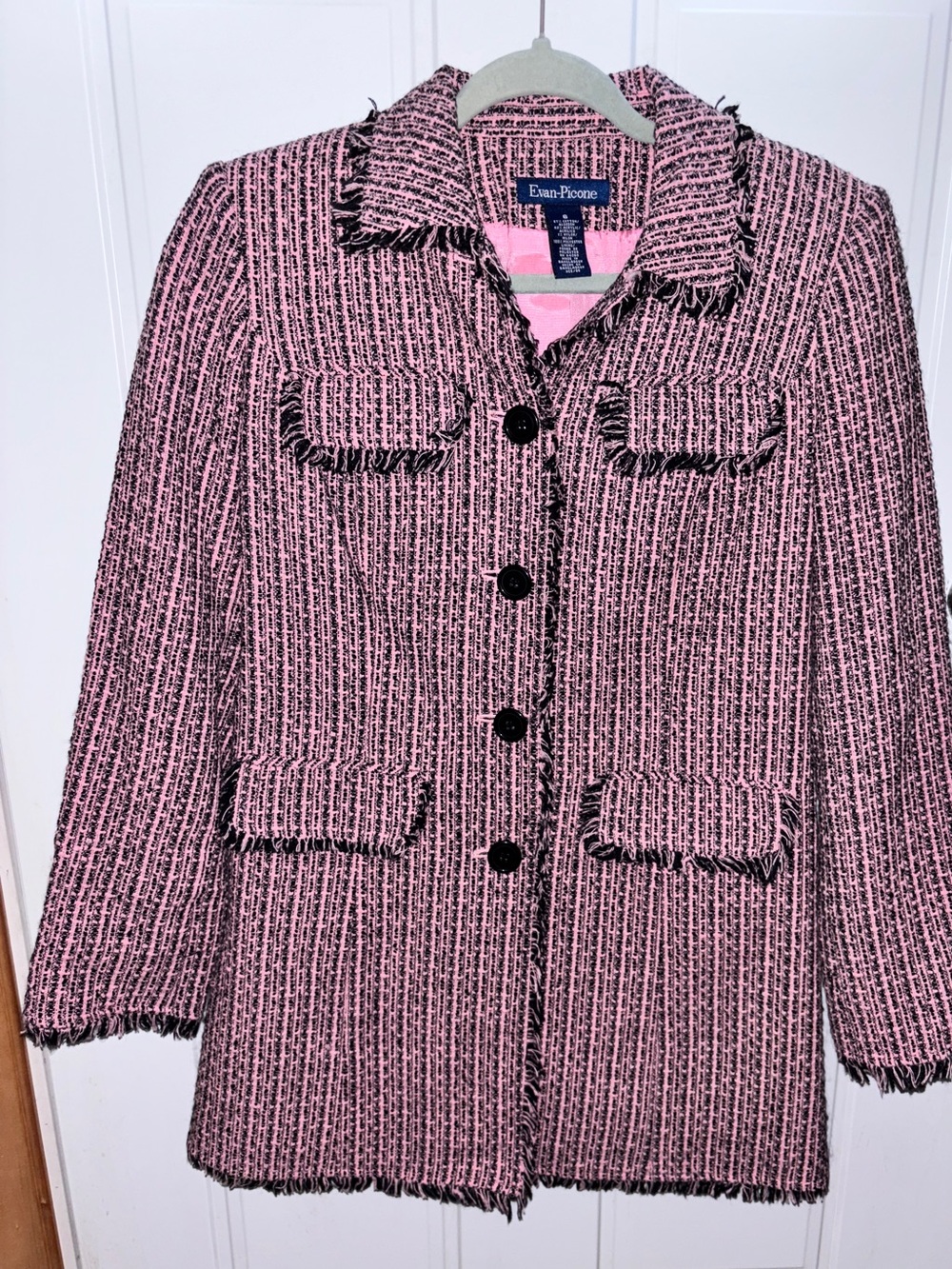 Evan-Picone Vintage Pink+Black tweed fringe jacket.Classic piece ptp:17 waist:21